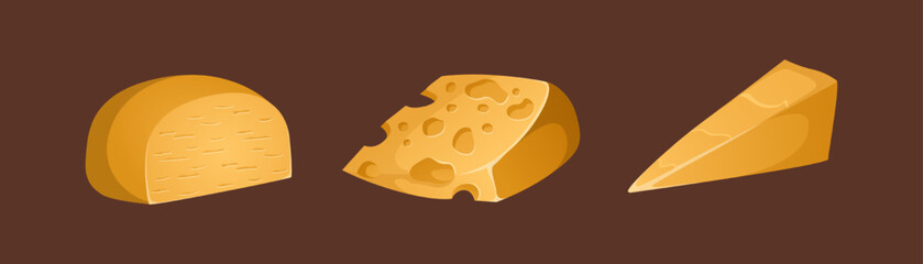 Different types of cheeses vector set on a brown background. Colorful and bright set in realistic style. Four cheeses: cheddar, parmesan and maasdam. Slices and rat of cheese. Ideal for posters and