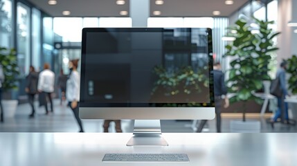 A large All-in-one PC is placed on the desk in front of it, The background features people wearing work walking around inside an office building. Generative AI.