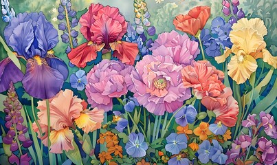 vibrant watercolor painting of various colorful flowers, Generative AI