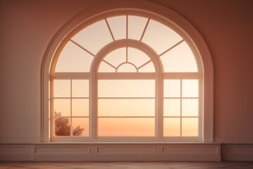 Fototapeta premium Elegant arched window with sunset view, creating a warm ambiance in a minimalist interior space, perfect for inspiration and tranquility.