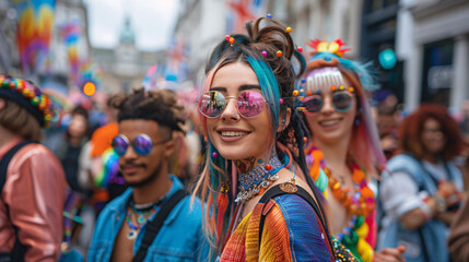 A woman with a colorful outfit and sunglasses is smiling at the camera