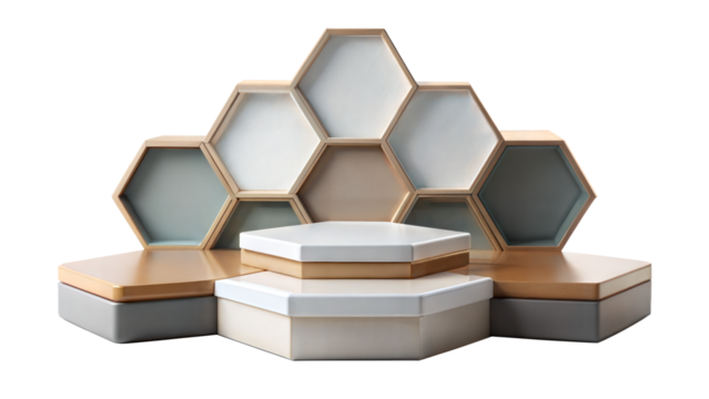 Geometric Ceramic Podium – Hexagonal: A unique hexagonal ceramic podium, providing a geometric aesthetic for product displays, isolated on a white background.
