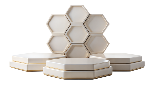 Geometric Ceramic Podium – Hexagonal: A unique hexagonal ceramic podium, providing a geometric aesthetic for product displays, isolated on a white background.
