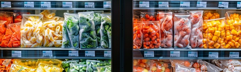 Many different types of vegetables in the fridge, frozen foods