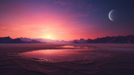 3d rendering of  Stunning sunset over a serene desert landscape with a crescent moon in the twilight sky, casting beautiful reflections on a tranquil water body.