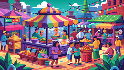 A Colorful illustration of a bustling virtual marketplace filled with avatar vendors and shops.