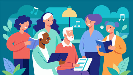 In a nursing home a team of researchers conducts a study on the effectiveness of music therapy in reducing symptoms of dementia in elderly residents.. Vector illustration