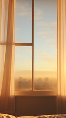 A serene morning view from a bedroom window, showcasing warm sunlight filtering through soft curtains and a tranquil cityscape in the background.