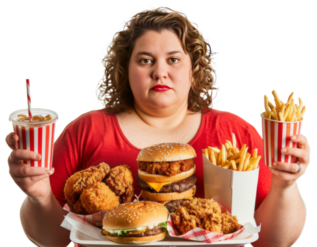 Fat woman holding Junkfood and fizzy drinks, transparent background