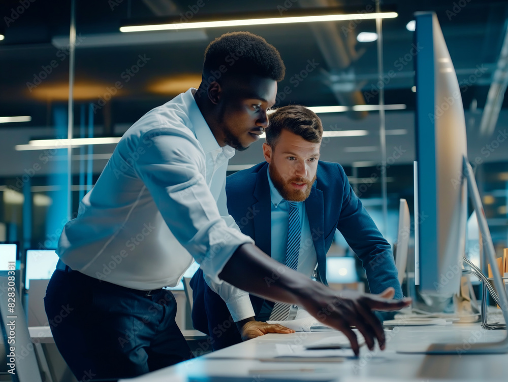 Poster two professional men working together at a computer in an office at night, concept of teamwork. gene