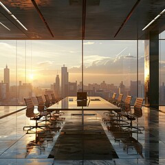 "Modern Office View: City Skyline at Sunrise"