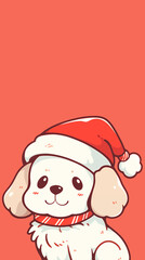 Hand drawn cartoon illustration of dog wearing santa hat

