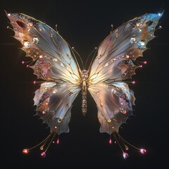 "Stylized Butterfly Sculpture with Glowing Effects and Colorful Accents"