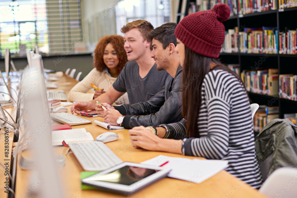 Poster students, friends and library with computer at university for education, learning or discussion on p