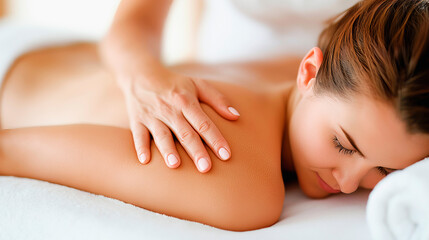 A woman receiving a back massage at a spa on a white towel background, conveying a concept of wellness and relaxation. Generative AI