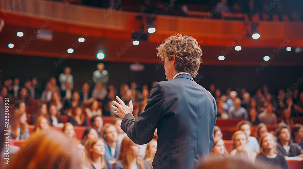 Poster A speaker addressing an audience in a conference hall, presenting a lecture or speech, in front of a seated crowd, concept of public speaking. Generative AI