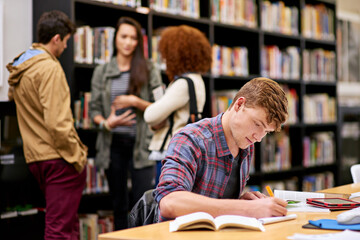 Student, writing and notebook in library for study, education and university quiz with pen on...