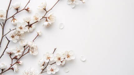 Spring flowers on white background. Beautiful white spring flowers on white background with copy space. Flat lay, top view