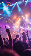 Vibrant concert scene with colorful stage lights and an enthusiastic crowd raising hands during a live music performance.