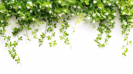 Obraz premium Green leaves and white flowers border on white background. Fresh green leaves and delicate white flowers create a natural border on a clean white background, perfect for spring or summer designs.