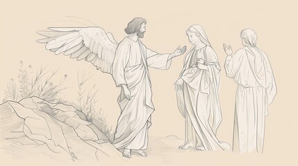 Fototapeta premium Angel Appears to Gideon, Mighty Warrior Call, Saving Israel, Biblical Illustration, Beige Background, Copyspace