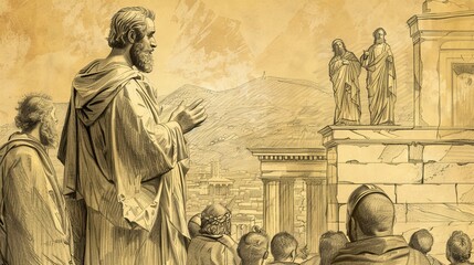 Biblical Illustration of Paul Preaching on Mars Hill, Areopagus, Athenians Listening, Beige Background, Copyspace