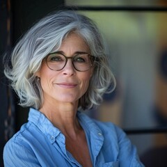 "Professional Woman with Gray Hair, Glasses, and Blue Shirt, Standing in Doorway"