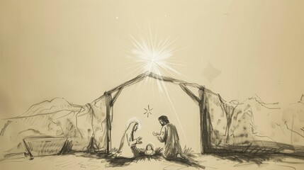 Biblical Illustration of Birth of Jesus in Stable with Mary, Joseph, Star, Beige Background, Copyspace © T Studio