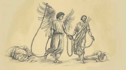 Obraz premium Angel Leads Peter Out of Prison, Chains Fall, Guards Asleep, Biblical Illustration, Beige Background, Copyspace