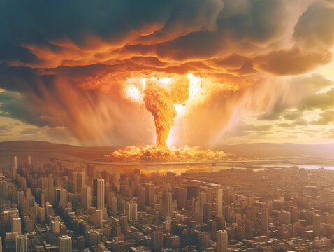 Apocalyptic explosion above a cityscape, dramatic clouds, on a warm light background, concept of disaster. Generative AI
