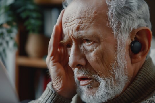 an elderly man using a hearing aid, highlighting the importance of better hearing and comfortable communication for seniors.