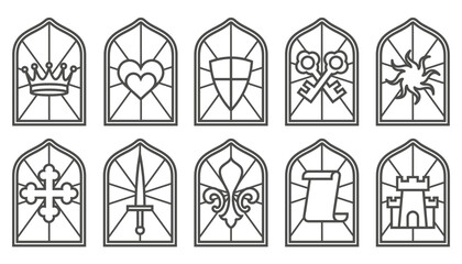 Church glass windows. Gothic vector arch frame with medieval symbols. Vintage architecture elements. Stained mosaic decoration set with crown, heart, shield and sword