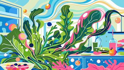 Fototapeta premium Tropical Paradise Kitchen Illustration with Lush Greenery and Vibrant Colors
