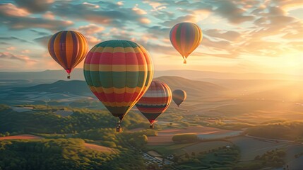 Fototapeta premium a group of hot air balloons flying over a canyon. Colourful hot air balloon floating over distant fields and meadows covered with fog on sunny sunrise.