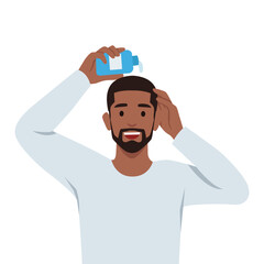 Young man sprinkle hair growth products on his head. Flat vector illustration isolated on white background