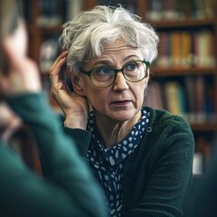 "Author in Library, Contemplative Expression"