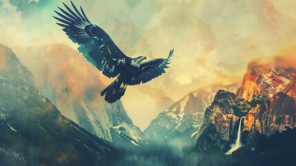 Black bird silhouette with outstretched wings soars across a white cloudy sky