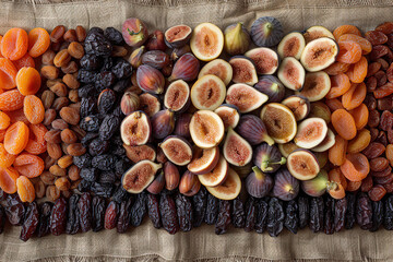  variety of dried fruits arranged in a rectangular formation on a dried apricots, prunes, and dates...