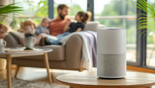 Modern living room with an air purifier in the foreground and a happy family in the background, enjoying a comfortable and clean environment.