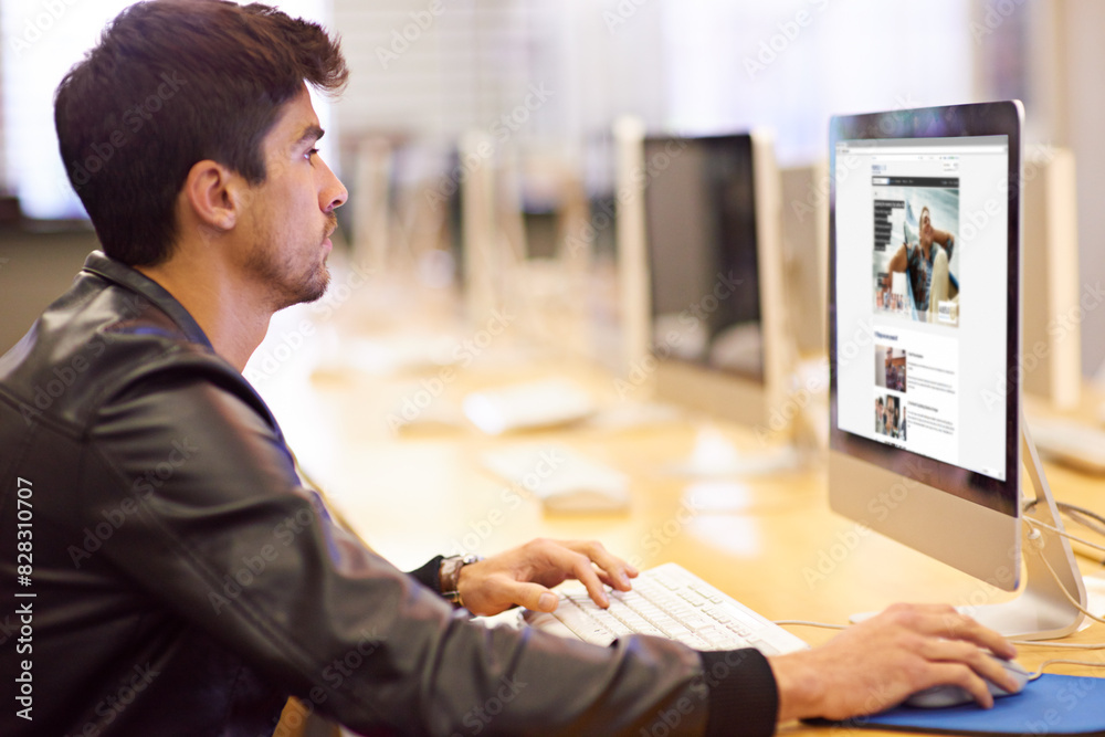 Poster Man, student and computer for online course, study and research for higher education at college. Male person, distance learning and virtual class in library for tech access for language lesson