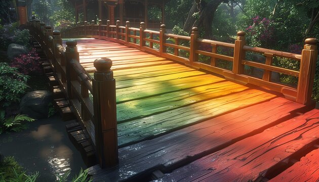 Wooden bridge with colorful planks in a lush garden.