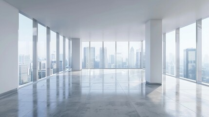 Fototapeta premium Modern empty office with open space interior large windows and minimalistic design perfect for business conferences company backdrop