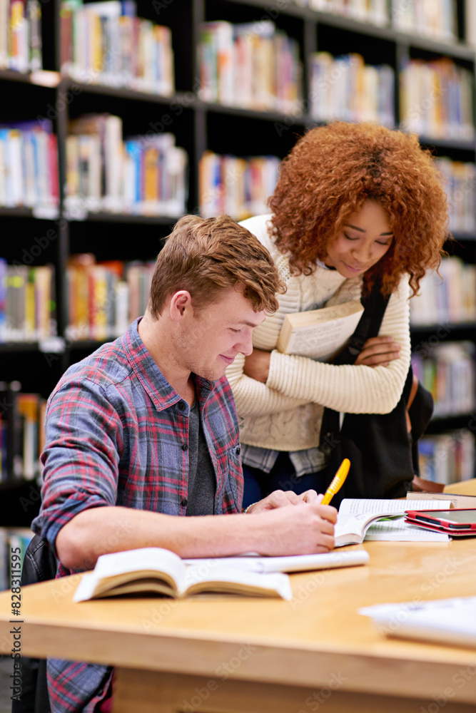 Aufkleber university, library and students knowledge for project, test or assignment in books on campus. schol