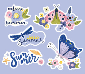Set of cute summer stickers with flowers and leaves, butterfly, dragonfly, insect, shells. Hello summer lettering. Cartoon vector illustration.