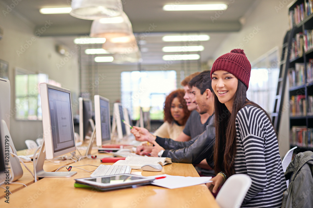 Poster college, portrait and woman with computer in library for education, learning or project. online, sch