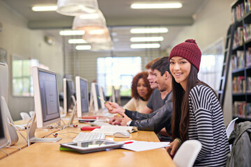 College, portrait and woman with computer in library for education, learning or project. Online,...