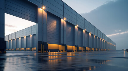Vast warehouse interior showcasing rows of towering industrial freezers their doors slightly ajar emitting cold fog