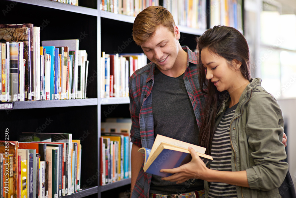 Poster university, books and students knowledge for project, test or assignment in library on campus. schol