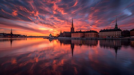 Sunset over Riddarholmen church in old town Stockholm city, Swed
dusk, horizontal, photography,...