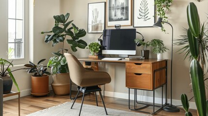 Contemporary Creative Workspace with Stylish Desk, Tech, and Wall Art in Modern Home Office Setting
